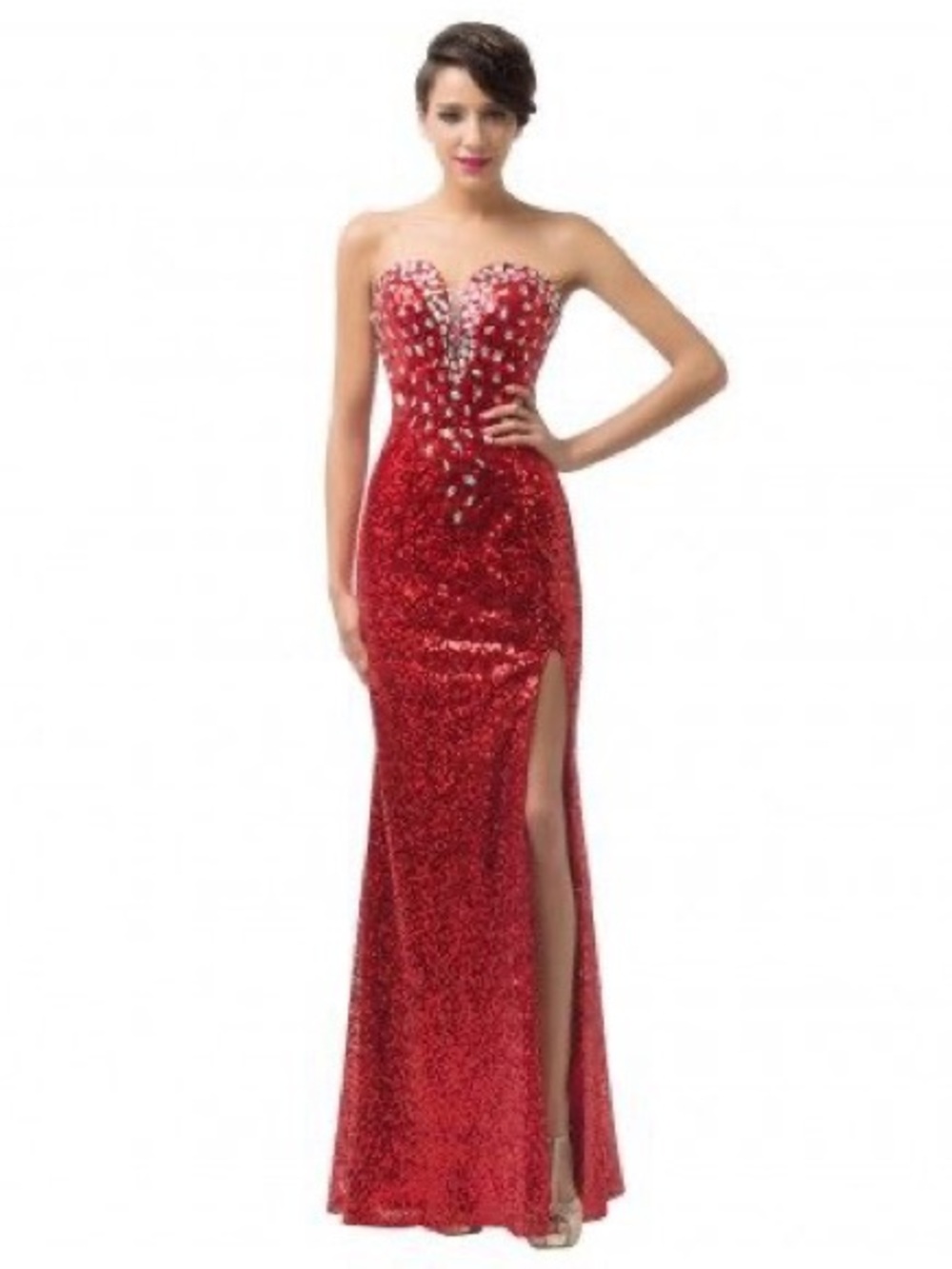 Grace Karin Red Sequin Strapless Dress with Jewel Embellishments